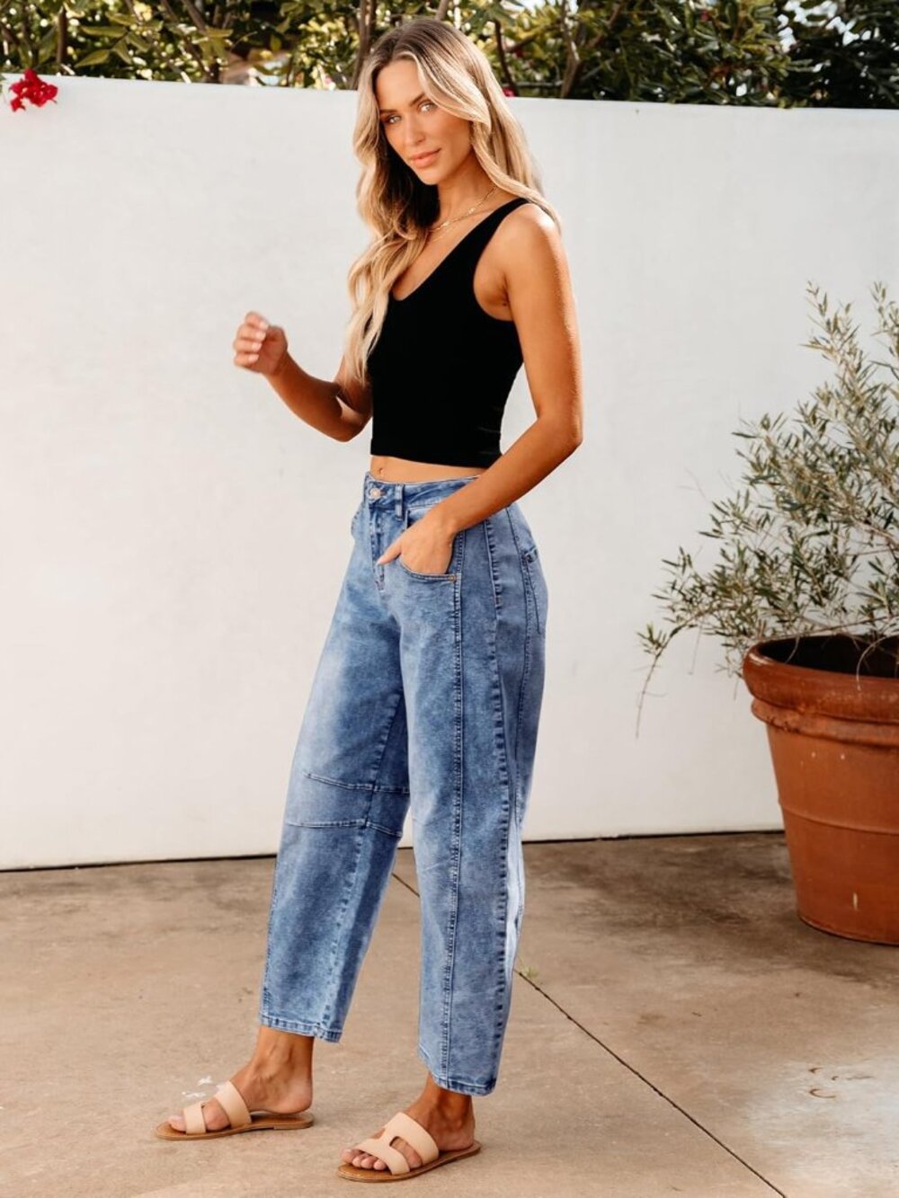 Barrel Jeans for Women Trendy High Waisted Wide Leg Baggy Cropped Relax Fit Stre - Picture 4 of 6